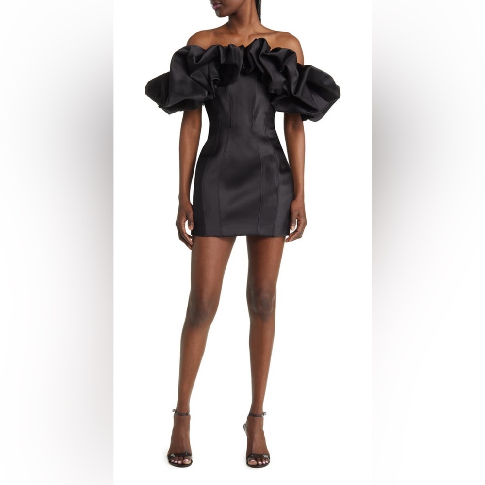 NWT HOUSE OF CB Selena Satin Puff Off-Shoulder Dress - Black